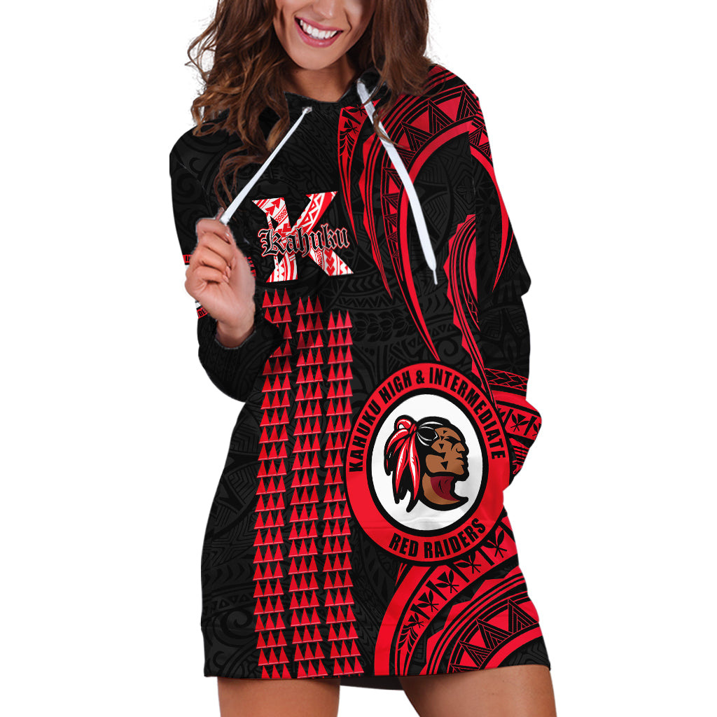 Personalised Hawaii Kahuku High And Intermediate School Hoodie Dress Red Raiders Kakau Pattern LT14 Red - Polynesian Pride