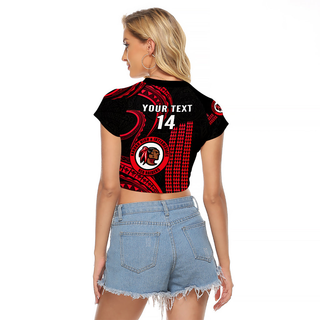 Personalised Hawaii Kahuku High And Intermediate School Raglan Cropped T Shirt Red Raiders Kakau Pattern LT14 - Polynesian Pride