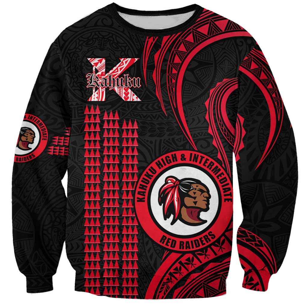 Personalised Hawaii Kahuku High And Intermediate School Sweatshirt Red Raiders Kakau Pattern LT14