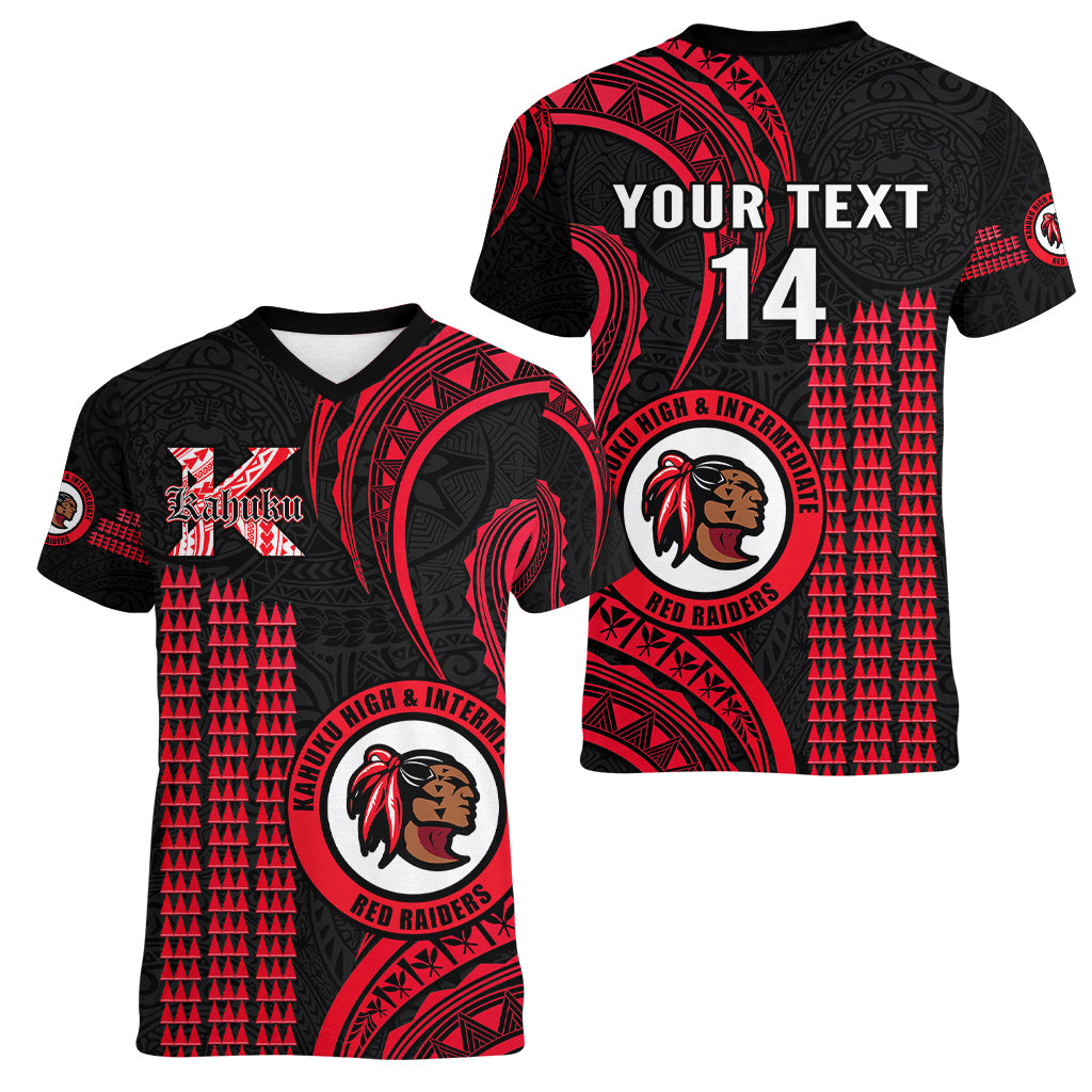 Personalised Hawaii Kahuku High And Intermediate School Women V Neck T Shirt Red Raiders Kakau Pattern LT14 - Polynesian Pride