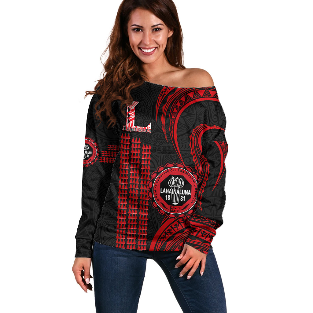 Hawaii Lahainaluna High School Off Shoulder Sweater Polynesian Kakau Pattern LT14 Women Red - Polynesian Pride