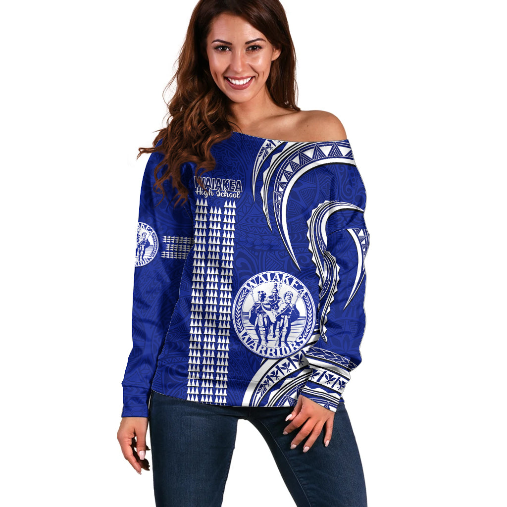 Hawaii Waiakea High School Off Shoulder Sweater Polynesian Kakau Pattern LT14 Women Blue - Polynesian Pride