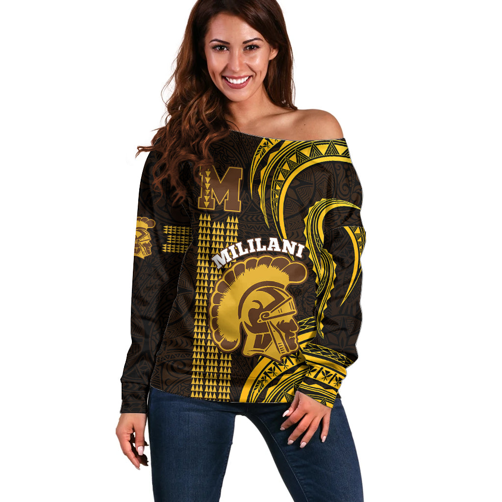 Personalised Hawaii Mililani High School Off Shoulder Sweater Polynesian Kakau Pattern LT14 Women Gold - Polynesian Pride