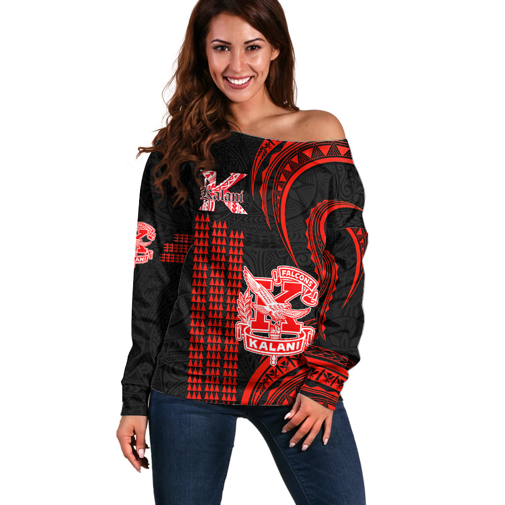 Personalised Hawaii Kalani High School Off Shoulder Sweater Polynesian Kakau Pattern LT14 Women Red - Polynesian Pride