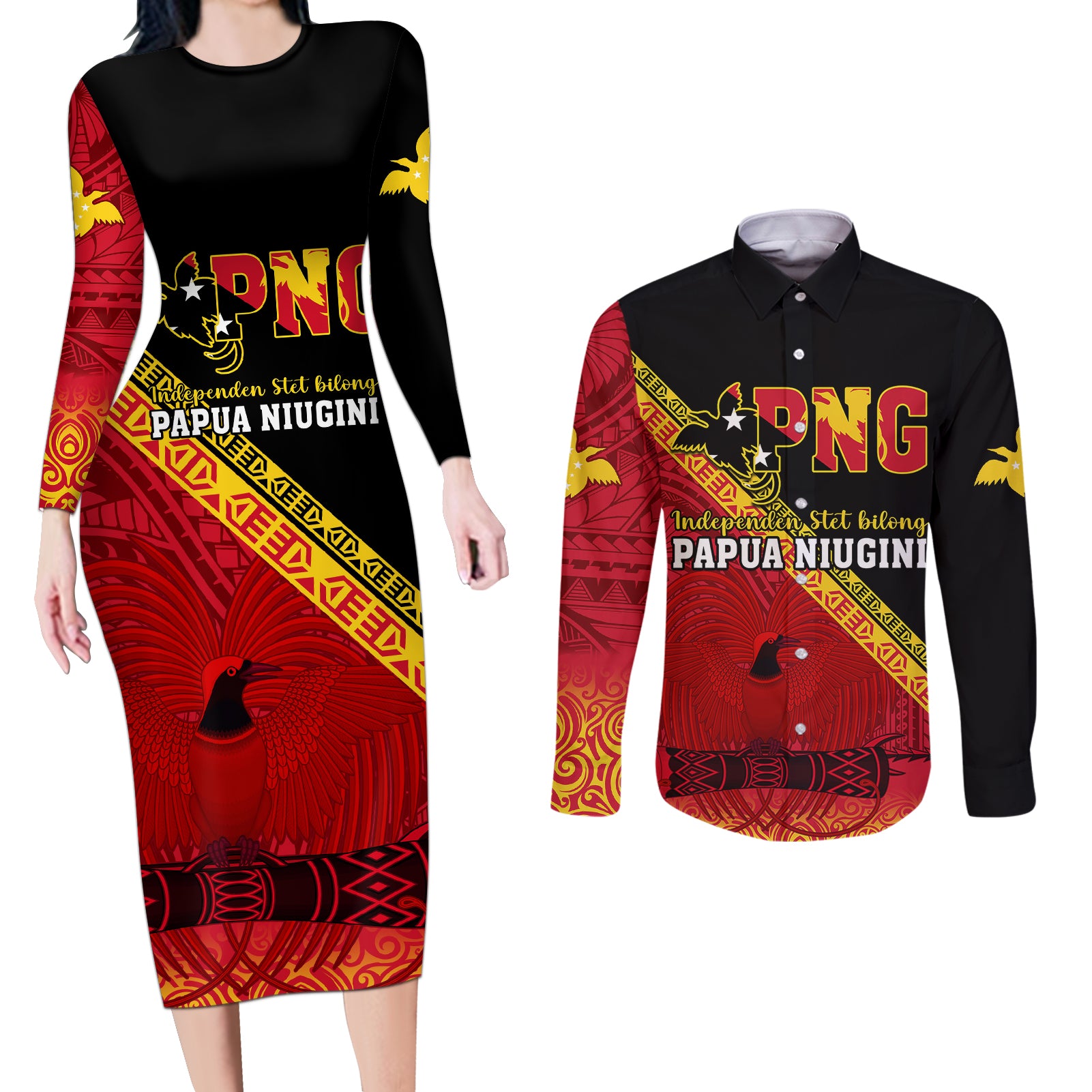 Papua New Guinea Couples Matching Long Sleeve Bodycon Dress and Long Sleeve Button Shirts Independen Stet bilong Papua Niugini Unique Version LT14 Red - Polynesian Pride