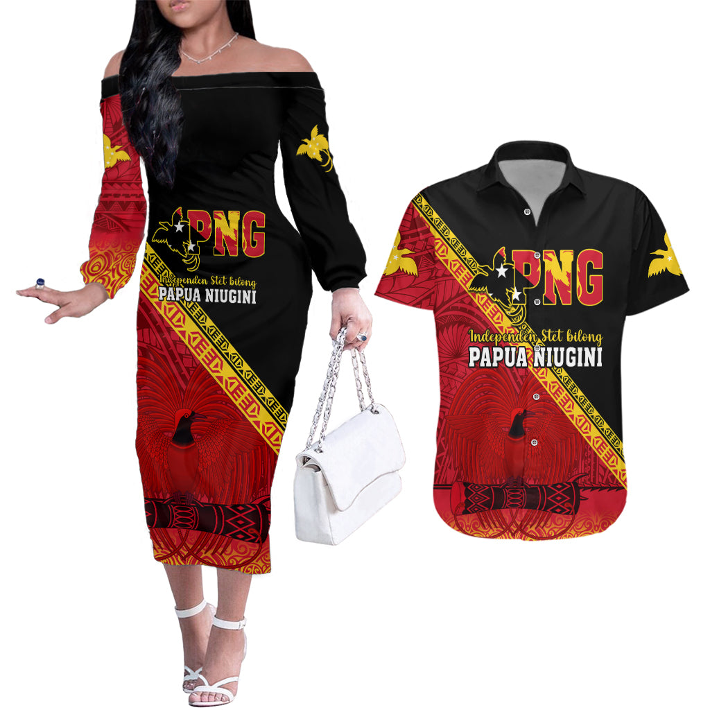Papua New Guinea Couples Matching Off The Shoulder Long Sleeve Dress and Hawaiian Shirt Independen Stet bilong Papua Niugini Unique Version LT14 Red - Polynesian Pride