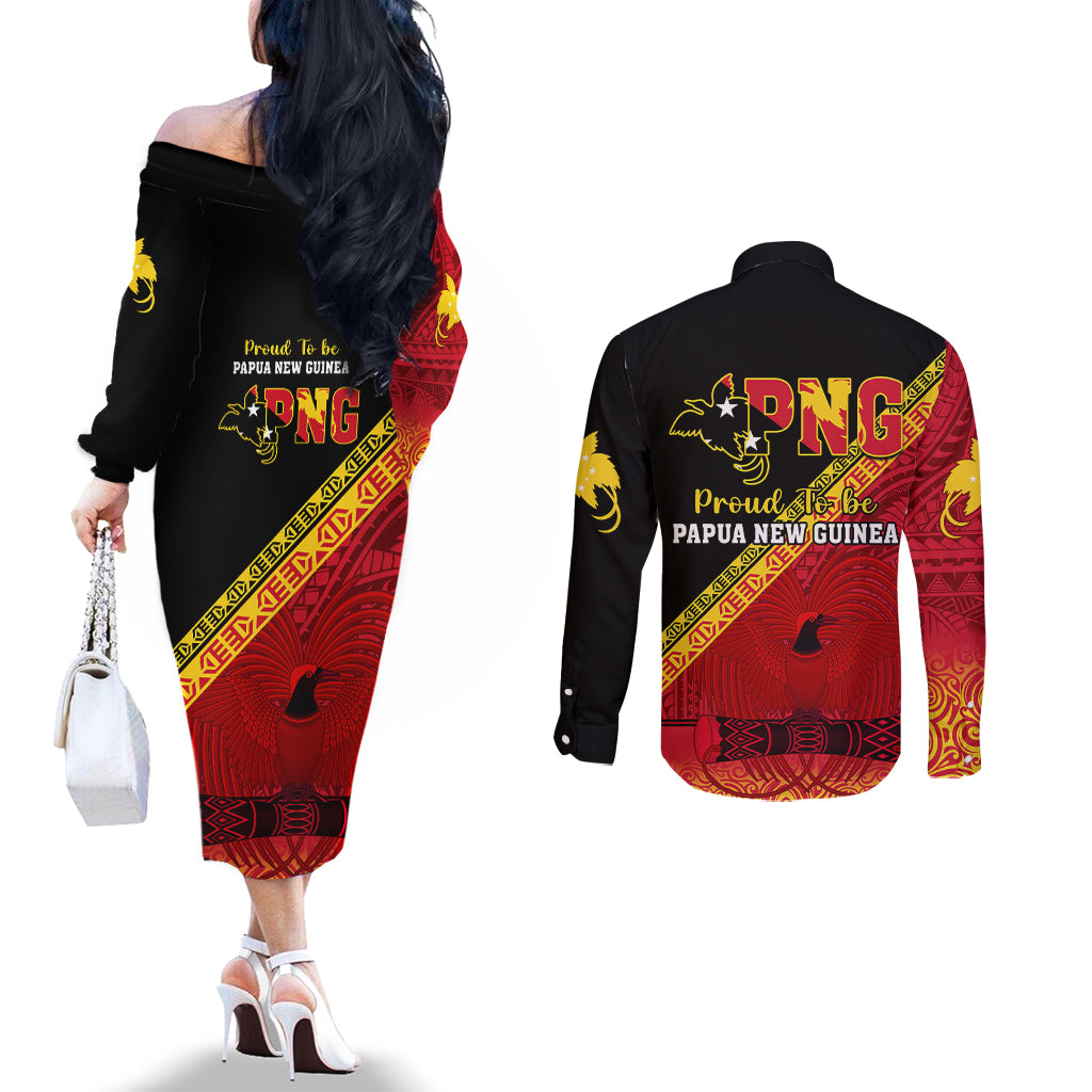Papua New Guinea Couples Matching Off The Shoulder Long Sleeve Dress and Long Sleeve Button Shirts Independen Stet bilong Papua Niugini Unique Version LT14 - Polynesian Pride
