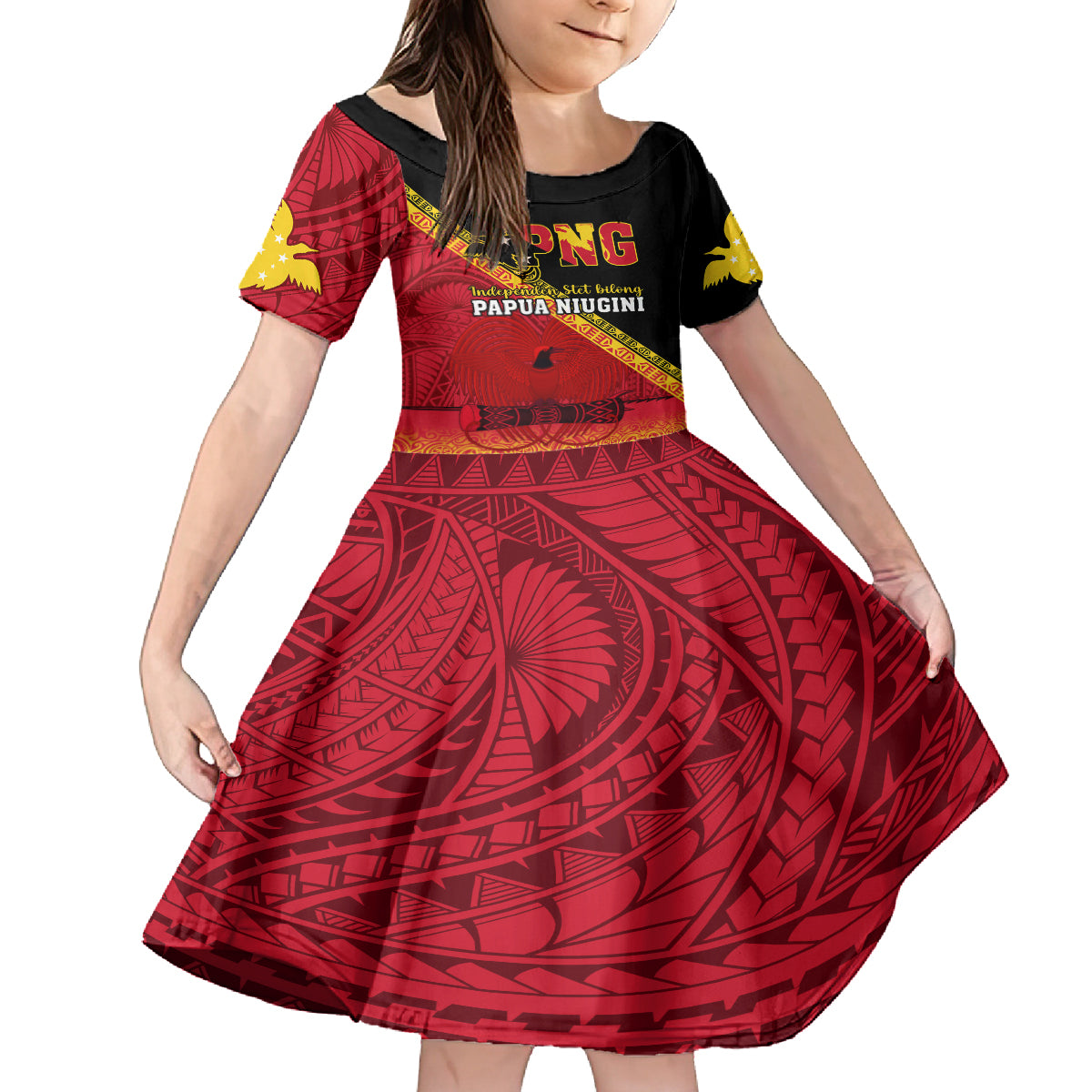 Papua New Guinea Family Matching Long Sleeve Bodycon Dress and Hawaiian Shirt Independen Stet bilong Papua Niugini Unique Version LT14 Daughter's Dress Red - Polynesian Pride