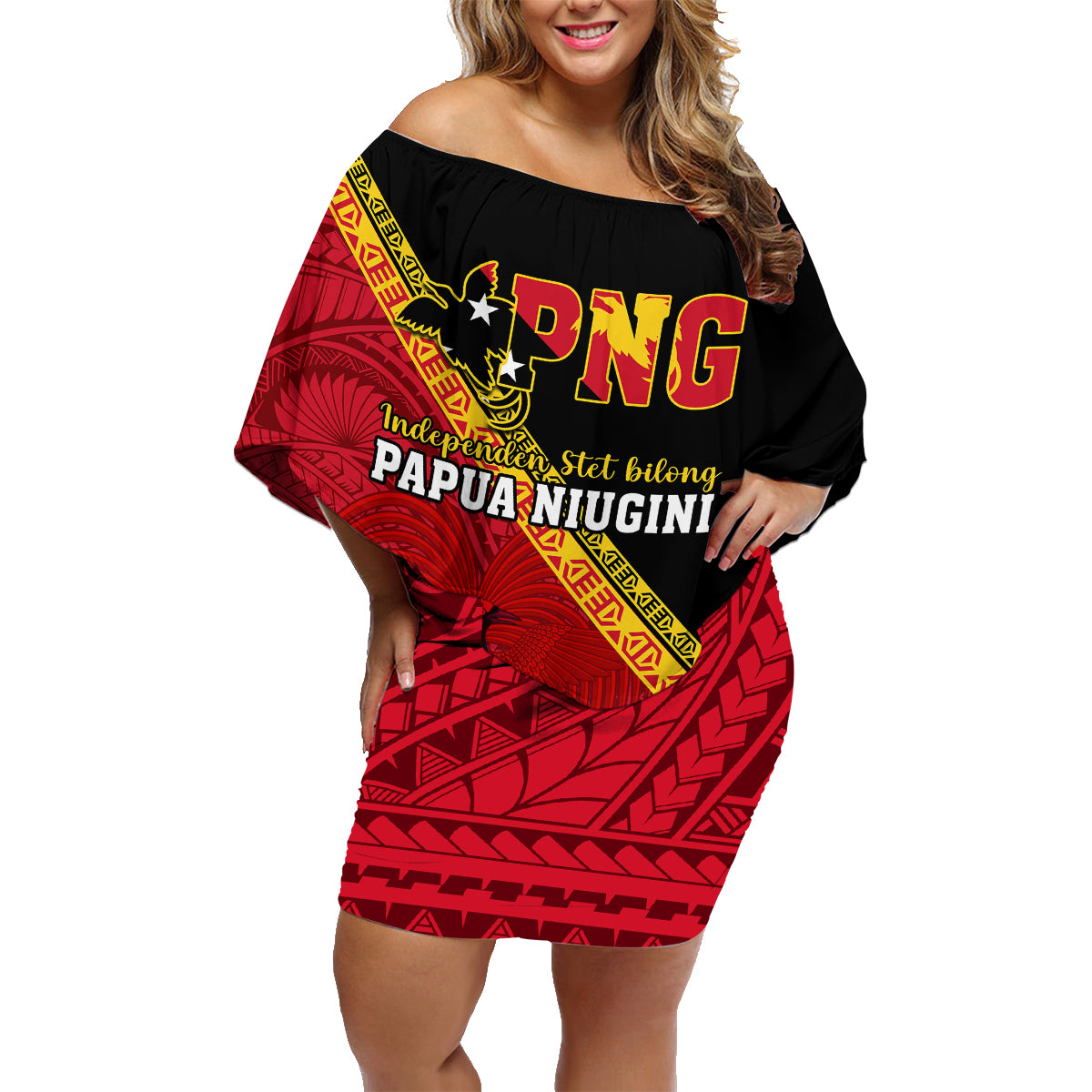 Papua New Guinea Family Matching Off Shoulder Short Dress and Hawaiian Shirt Independen Stet bilong Papua Niugini Unique Version LT14 Mom's Dress Red - Polynesian Pride