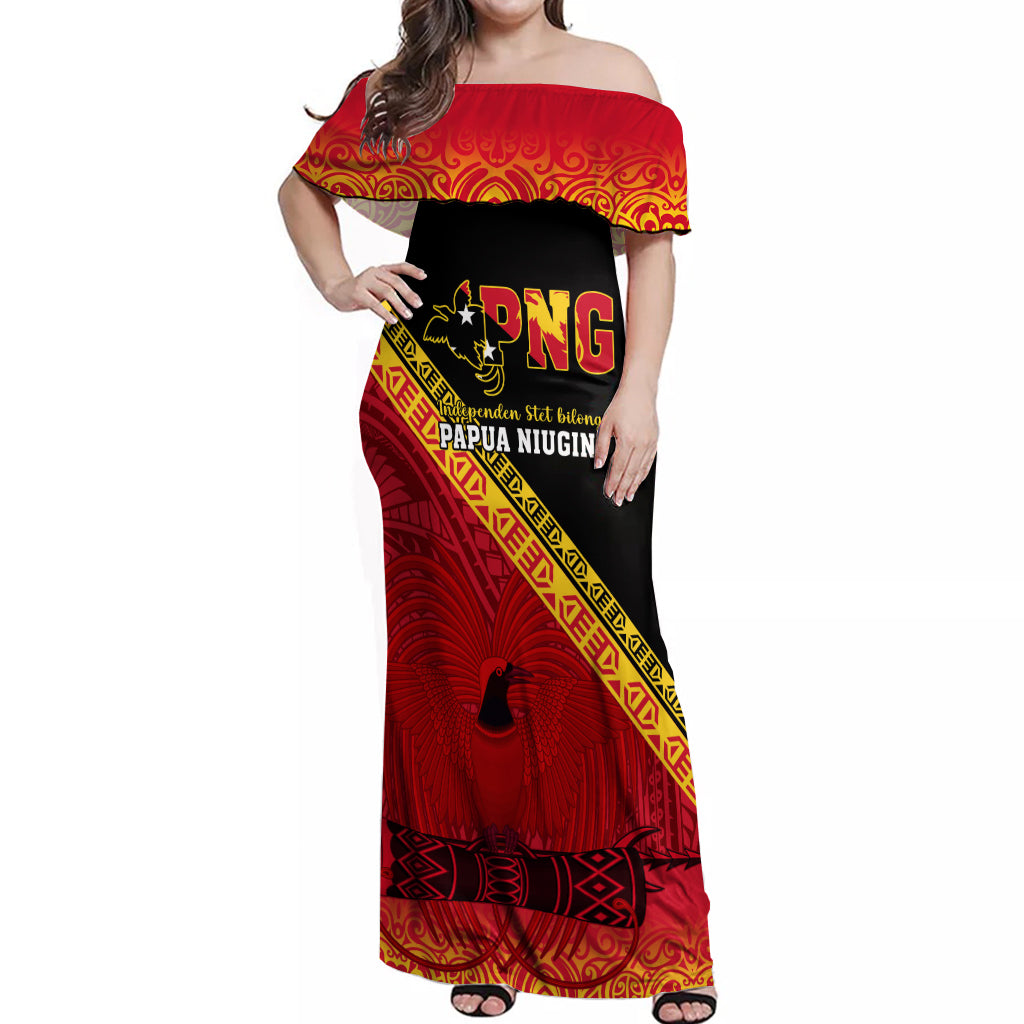 Papua New Guinea Off Shoulder Maxi Dress Independen Stet bilong Papua Niugini Unique Version LT14 Women Red - Polynesian Pride