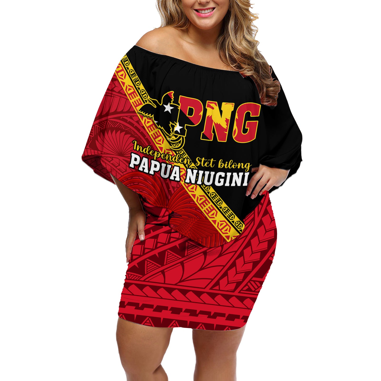 Papua New Guinea Off Shoulder Short Dress Independen Stet bilong Papua Niugini Unique Version LT14 Women Red - Polynesian Pride