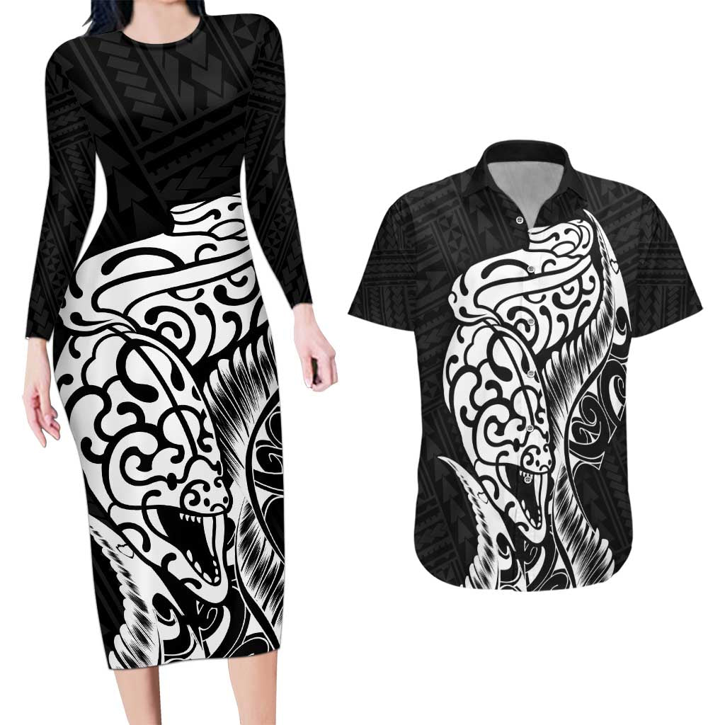 New Zealand Eel Couples Matching Long Sleeve Bodycon Dress and Hawaiian Shirt Tuna Aotearoa Maori Patten - Black