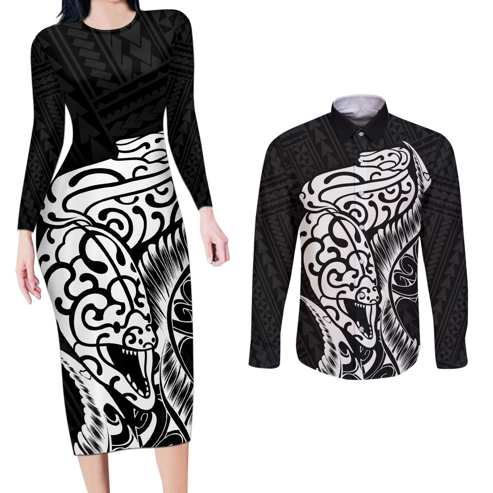 New Zealand Eel Couples Matching Long Sleeve Bodycon Dress and Long Sleeve Button Shirt Tuna Aotearoa Maori Patten - Black LT14 Black - Polynesian Pride