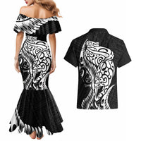 New Zealand Eel Couples Matching Mermaid Dress and Hawaiian Shirt Tuna Aotearoa Maori Patten - Black