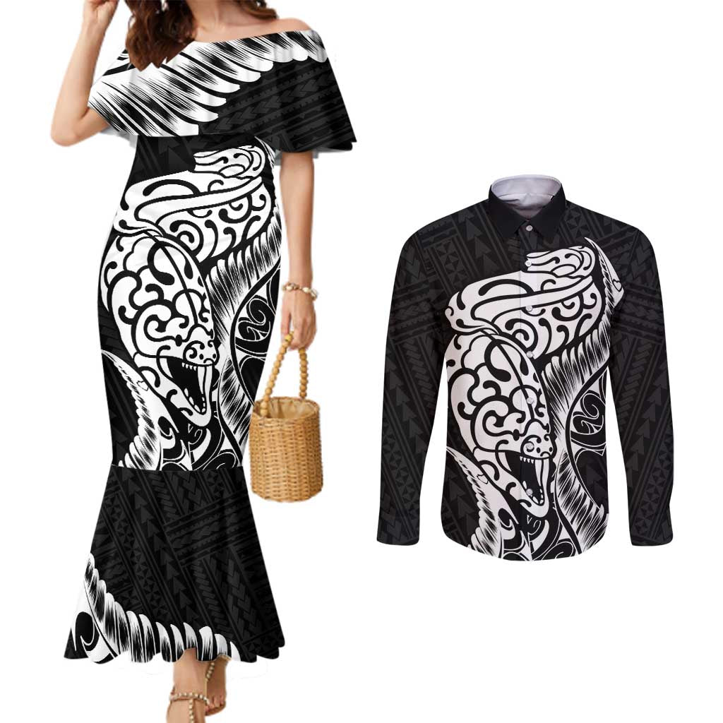 New Zealand Eel Couples Matching Mermaid Dress and Long Sleeve Button Shirt Tuna Aotearoa Maori Patten - Black