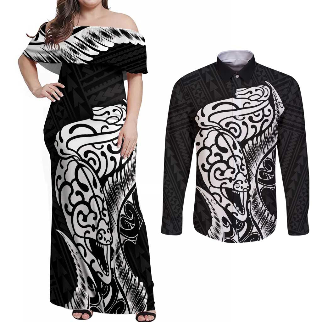 New Zealand Eel Couples Matching Off Shoulder Maxi Dress and Long Sleeve Button Shirt Tuna Aotearoa Maori Patten - Black LT14 Black - Polynesian Pride