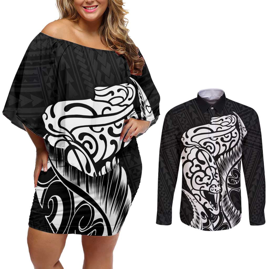 New Zealand Eel Couples Matching Off Shoulder Short Dress and Long Sleeve Button Shirt Tuna Aotearoa Maori Patten - Black