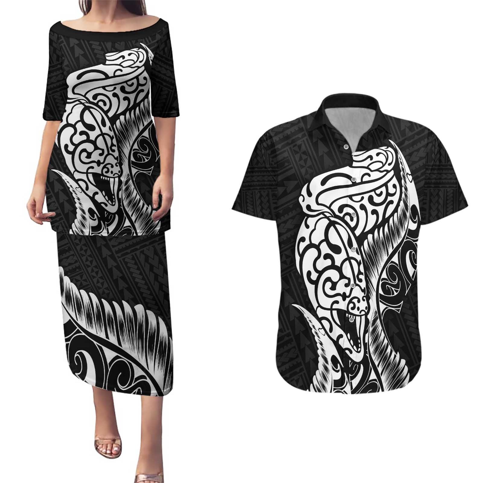 New Zealand Eel Couples Matching Puletasi and Hawaiian Shirt Tuna Aotearoa Maori Patten - Black LT14 Black - Polynesian Pride