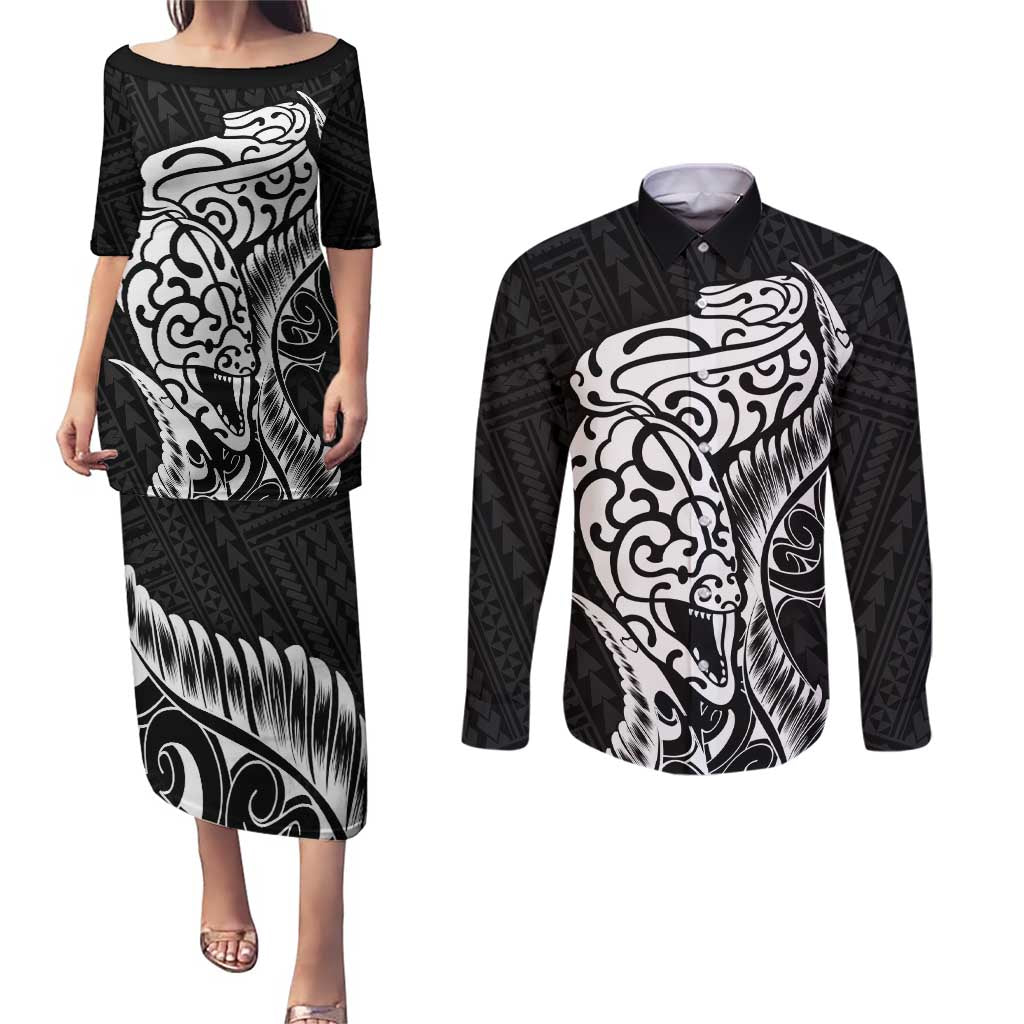 New Zealand Eel Couples Matching Puletasi and Long Sleeve Button Shirt Tuna Aotearoa Maori Patten - Black