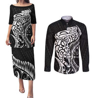 New Zealand Eel Couples Matching Puletasi and Long Sleeve Button Shirt Tuna Aotearoa Maori Patten - Black LT14 Black - Polynesian Pride