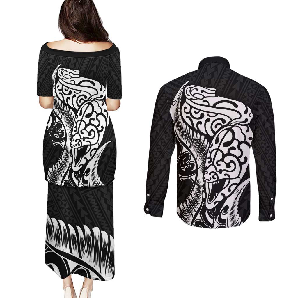 New Zealand Eel Couples Matching Puletasi and Long Sleeve Button Shirt Tuna Aotearoa Maori Patten - Black LT14 - Polynesian Pride