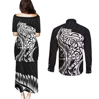 New Zealand Eel Couples Matching Puletasi and Long Sleeve Button Shirt Tuna Aotearoa Maori Patten - Black LT14 - Polynesian Pride