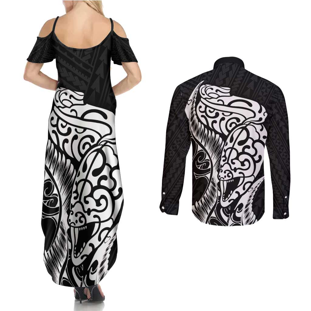 New Zealand Eel Couples Matching Summer Maxi Dress and Long Sleeve Button Shirt Tuna Aotearoa Maori Patten - Black