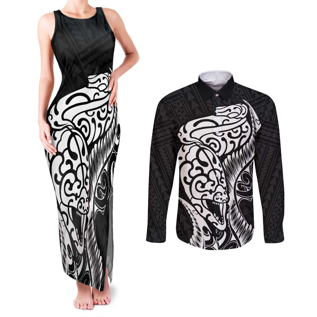 New Zealand Eel Couples Matching Tank Maxi Dress and Long Sleeve Button Shirt Tuna Aotearoa Maori Patten - Black