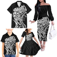 New Zealand Eel Family Matching Off The Shoulder Long Sleeve Dress and Hawaiian Shirt Tuna Aotearoa Maori Patten - Black