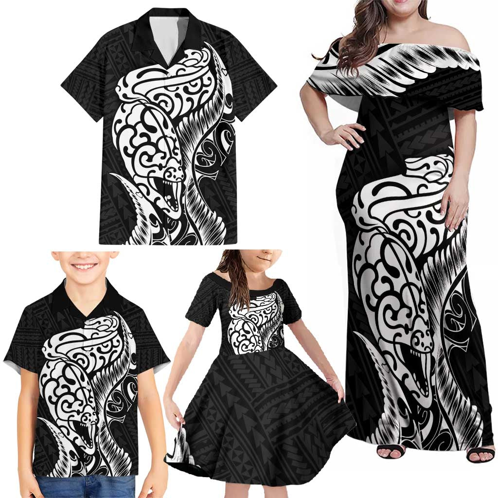 New Zealand Eel Family Matching Off Shoulder Maxi Dress and Hawaiian Shirt Tuna Aotearoa Maori Patten - Black