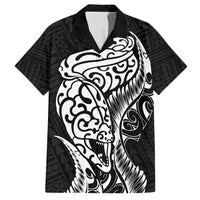 New Zealand Eel Family Matching Off Shoulder Maxi Dress and Hawaiian Shirt Tuna Aotearoa Maori Patten - Black LT14 Dad's Shirt - Short Sleeve Black - Polynesian Pride