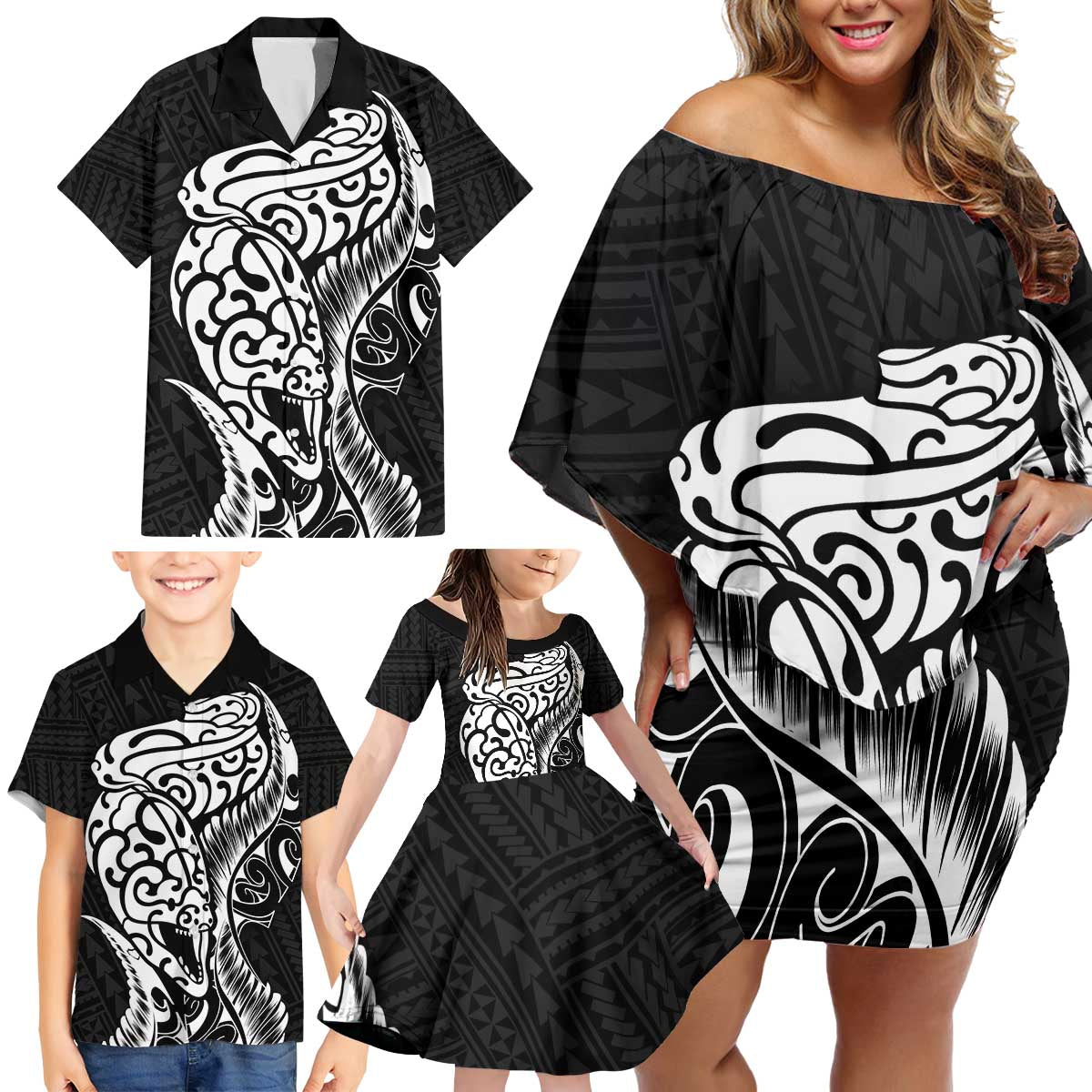 New Zealand Eel Family Matching Off Shoulder Short Dress and Hawaiian Shirt Tuna Aotearoa Maori Patten - Black LT14 - Polynesian Pride