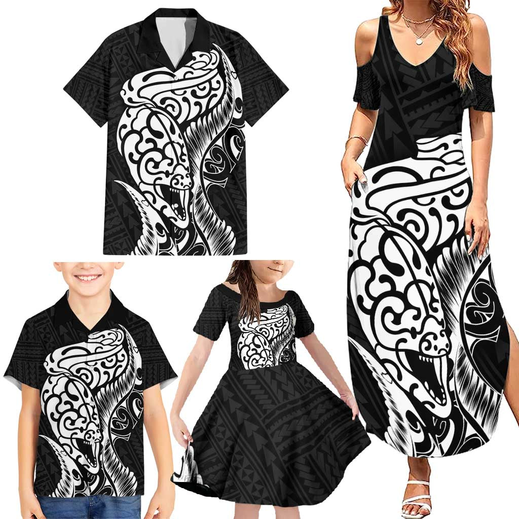 New Zealand Eel Family Matching Summer Maxi Dress and Hawaiian Shirt Tuna Aotearoa Maori Patten - Black LT14 - Polynesian Pride