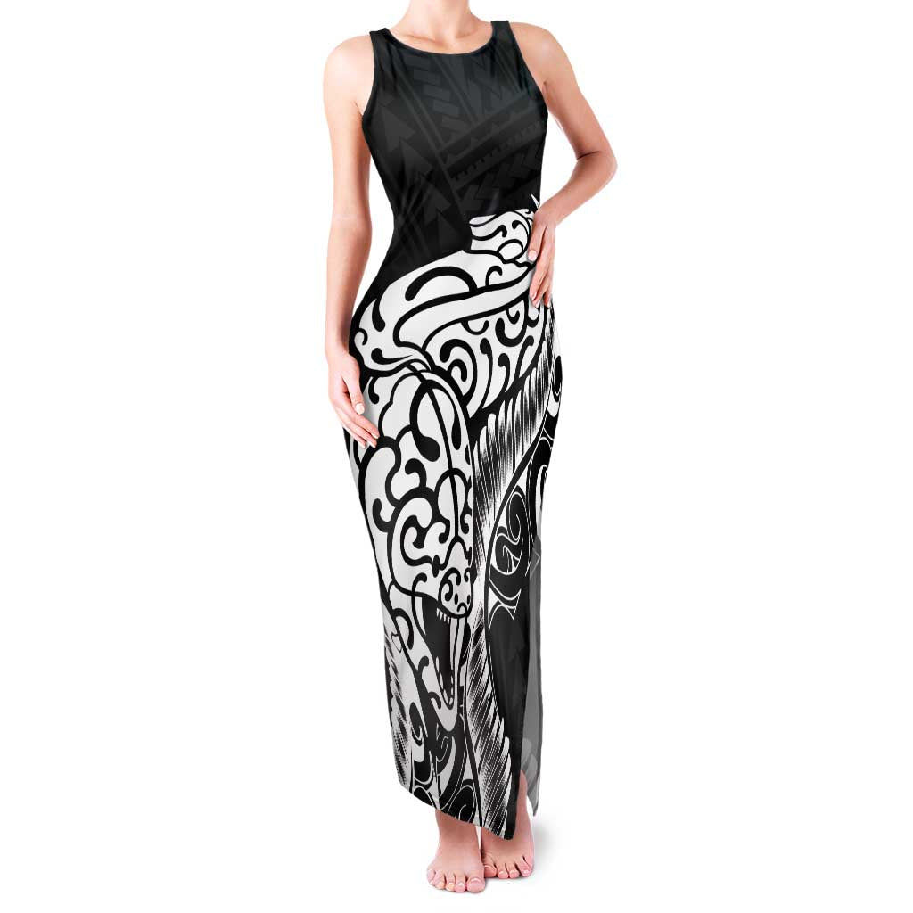 New Zealand Eel Family Matching Tank Maxi Dress and Hawaiian Shirt Tuna Aotearoa Maori Patten - Black