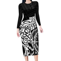 New Zealand Eel Long Sleeve Bodycon Dress Tuna Aotearoa Maori Patten - Black