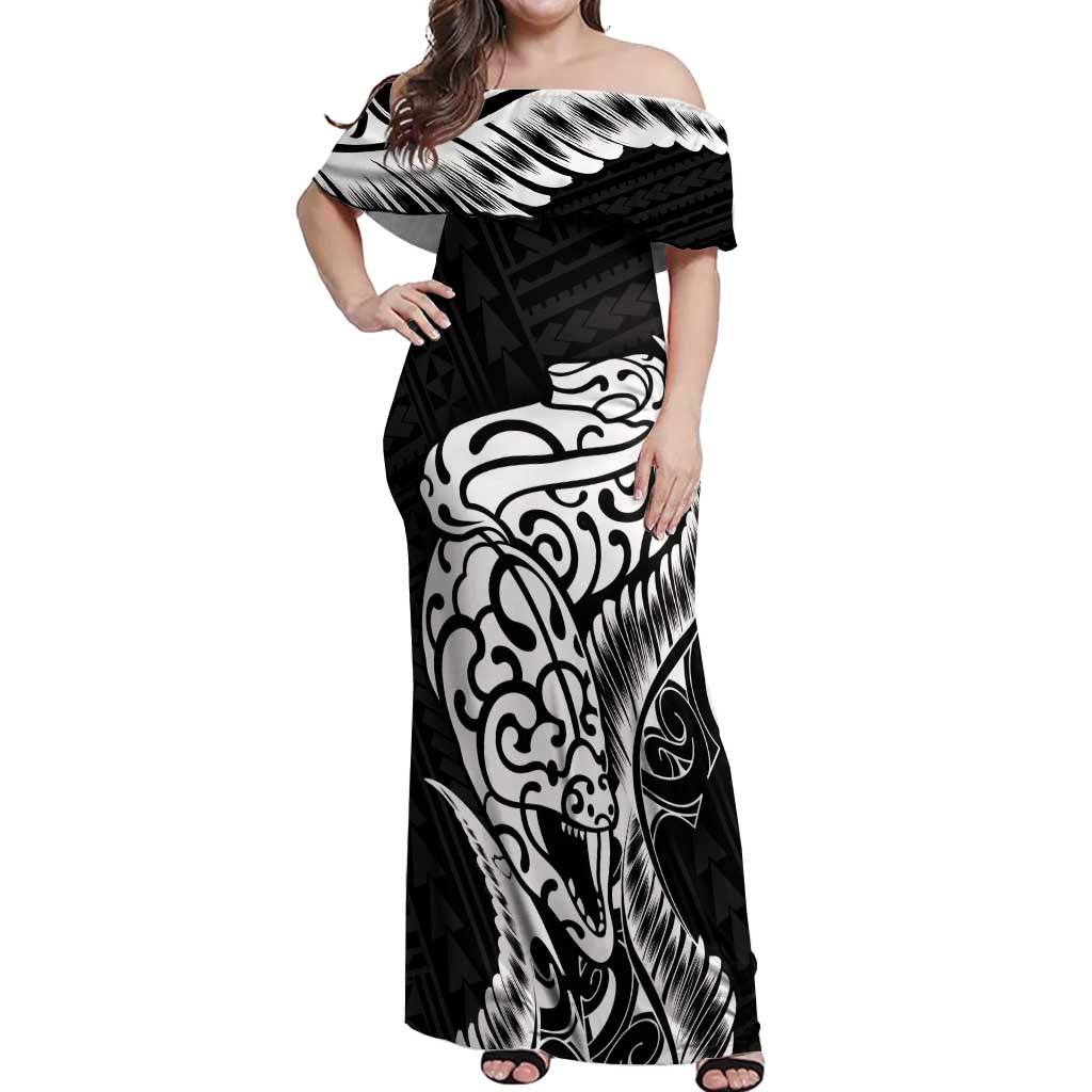 New Zealand Eel Off Shoulder Maxi Dress Tuna Aotearoa Maori Patten - Black LT14 Women Black - Polynesian Pride