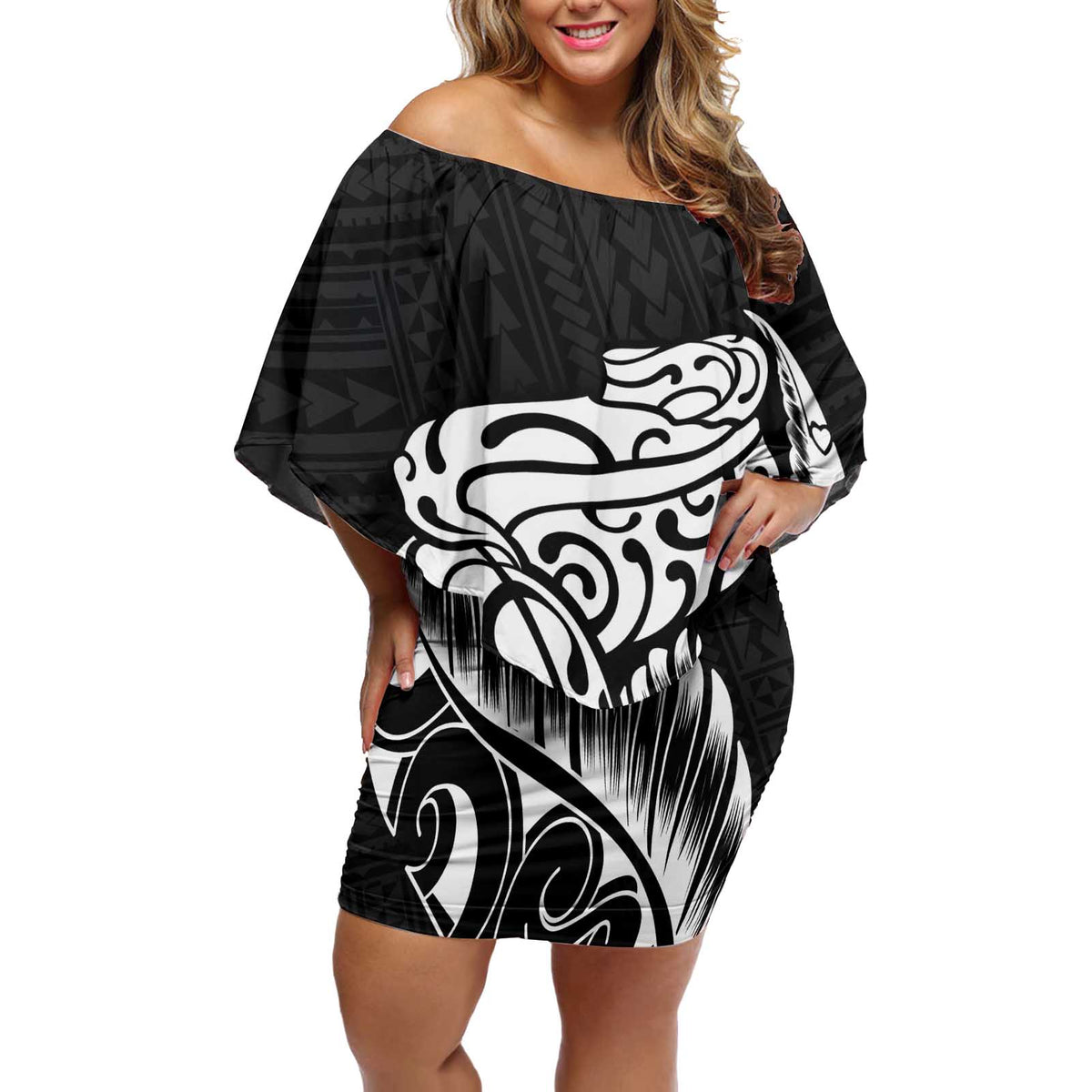 New Zealand Eel Off Shoulder Short Dress Tuna Aotearoa Maori Patten - Black LT14 Women Black - Polynesian Pride