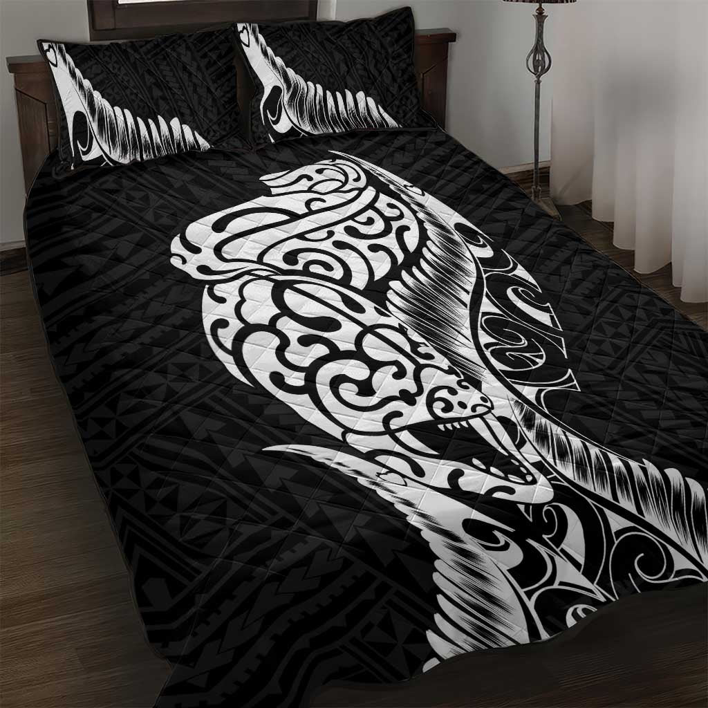 New Zealand Eel Quilt Bed Set Tuna Aotearoa Maori Patten - Black