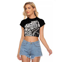 New Zealand Eel Raglan Cropped T Shirt Tuna Aotearoa Maori Patten - Black LT14 Female Black - Polynesian Pride