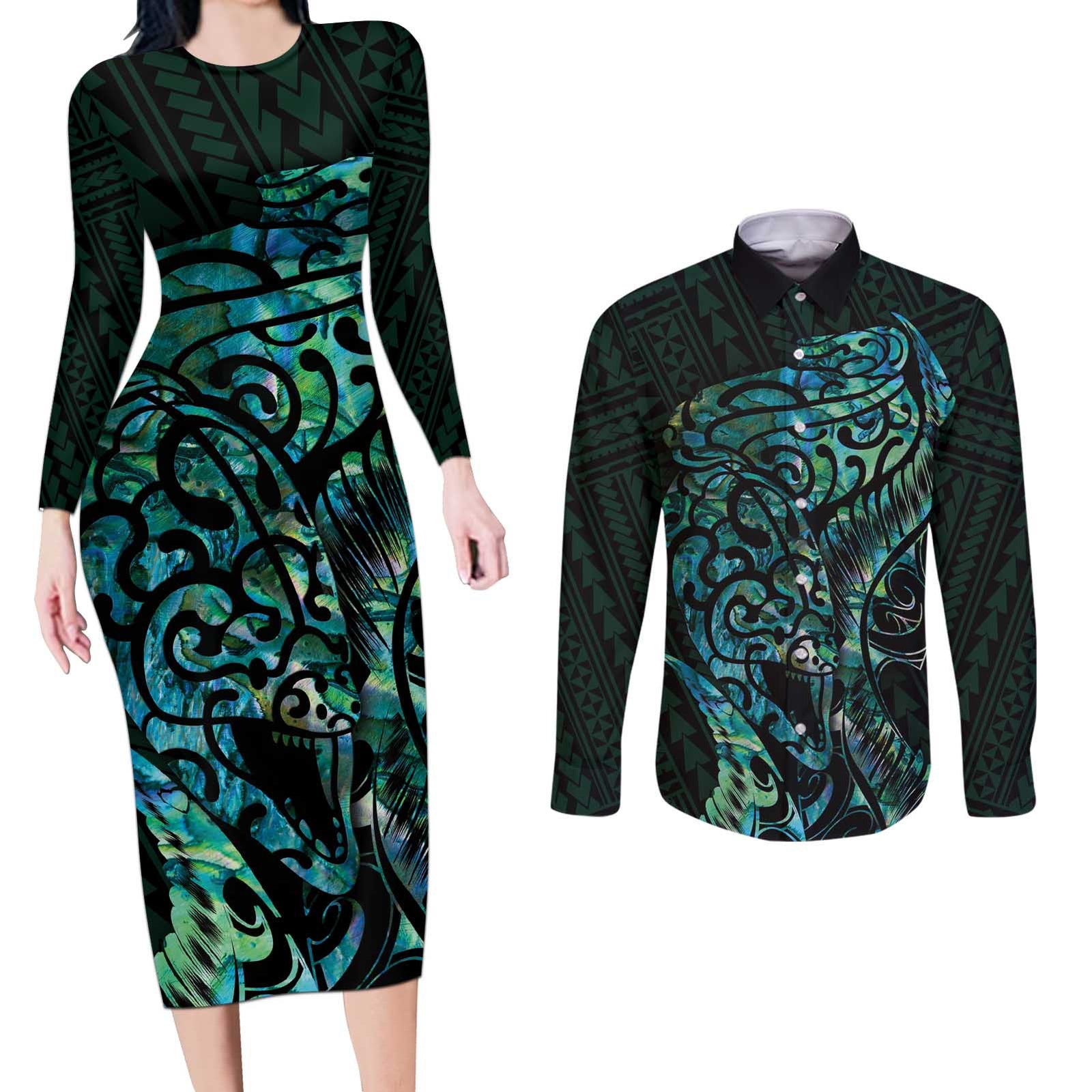 New Zealand Eel Couples Matching Long Sleeve Bodycon Dress and Long Sleeve Button Shirt Tuna Aotearoa Maori With Paua Shell - Turquoise LT14 Turquoise - Polynesian Pride