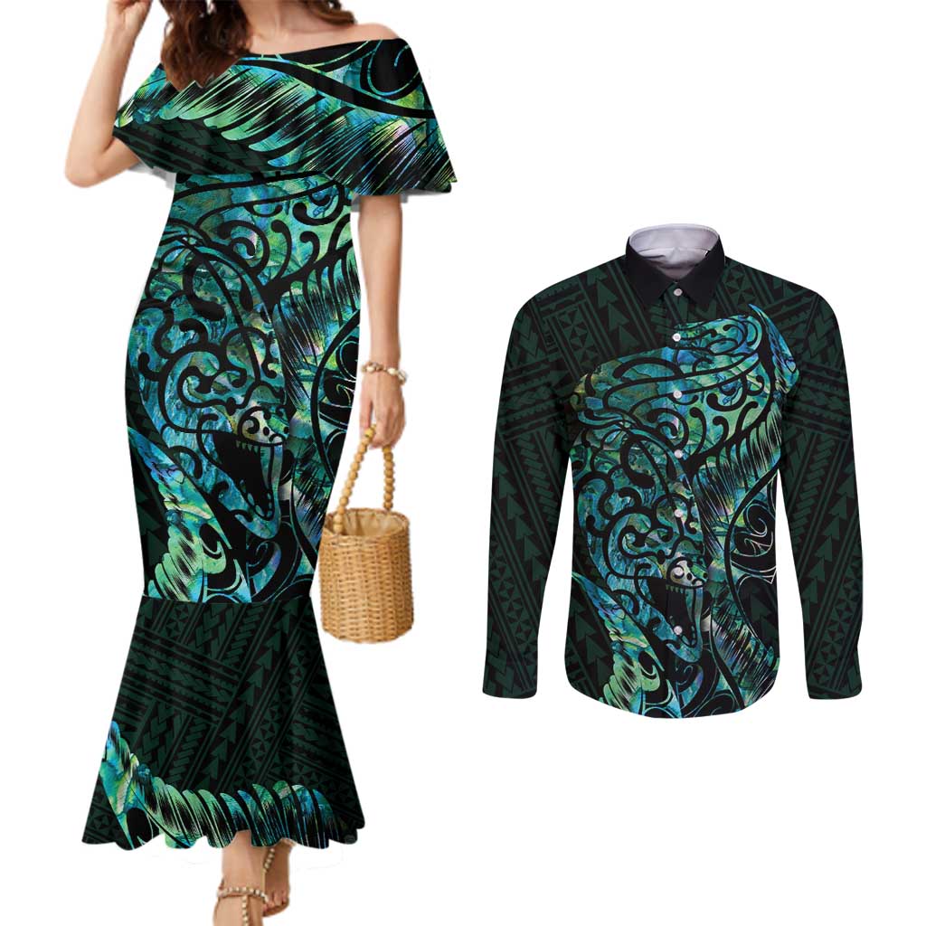 New Zealand Eel Couples Matching Mermaid Dress and Long Sleeve Button Shirt Tuna Aotearoa Maori With Paua Shell - Turquoise