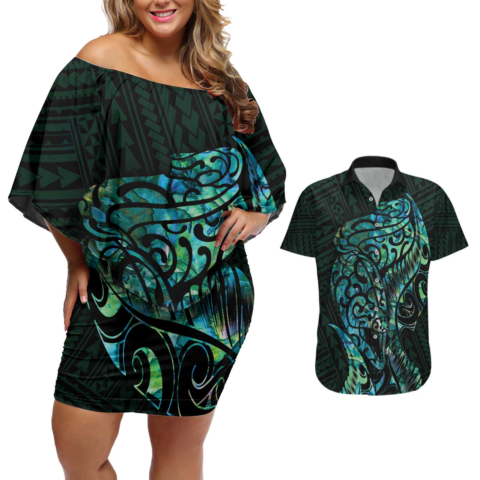 New Zealand Eel Couples Matching Off Shoulder Short Dress and Hawaiian Shirt Tuna Aotearoa Maori With Paua Shell - Turquoise