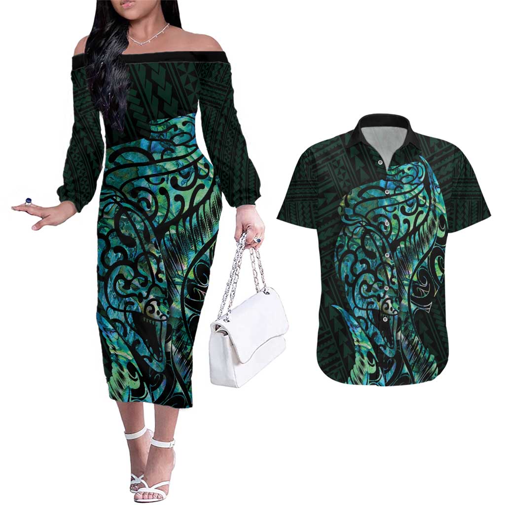 New Zealand Eel Couples Matching Off The Shoulder Long Sleeve Dress and Hawaiian Shirt Tuna Aotearoa Maori With Paua Shell - Turquoise LT14 Turquoise - Polynesian Pride