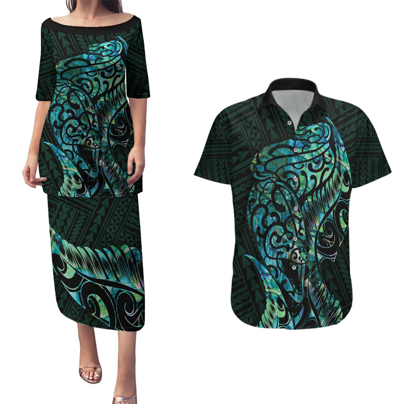 New Zealand Eel Couples Matching Puletasi and Hawaiian Shirt Tuna Aotearoa Maori With Paua Shell - Turquoise LT14 Turquoise - Polynesian Pride