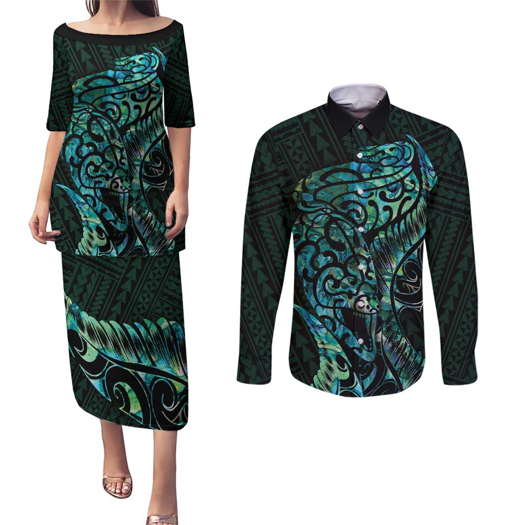 New Zealand Eel Couples Matching Puletasi and Long Sleeve Button Shirt Tuna Aotearoa Maori With Paua Shell - Turquoise