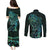 New Zealand Eel Couples Matching Puletasi and Long Sleeve Button Shirt Tuna Aotearoa Maori With Paua Shell - Turquoise