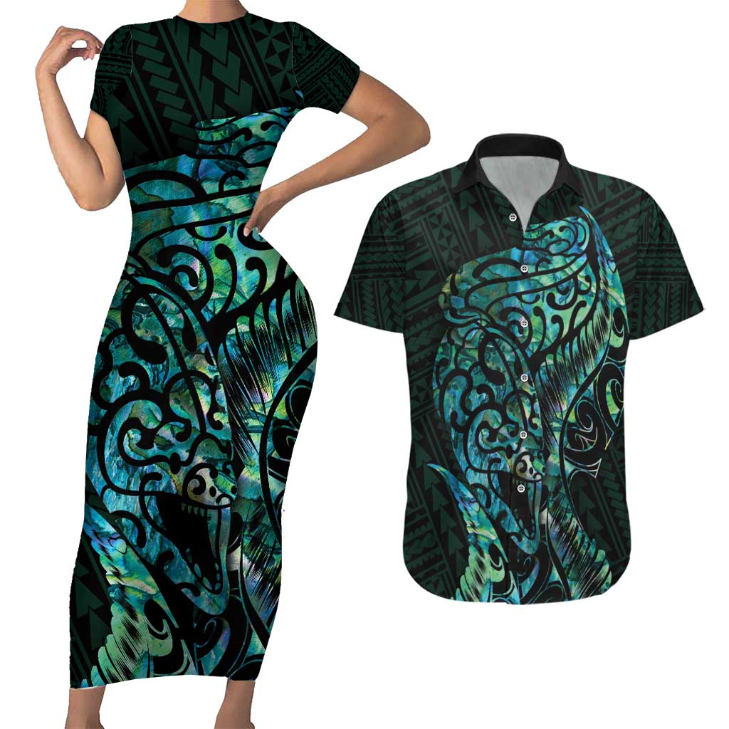 New Zealand Eel Couples Matching Short Sleeve Bodycon Dress and Hawaiian Shirt Tuna Aotearoa Maori With Paua Shell - Turquoise LT14 Turquoise - Polynesian Pride