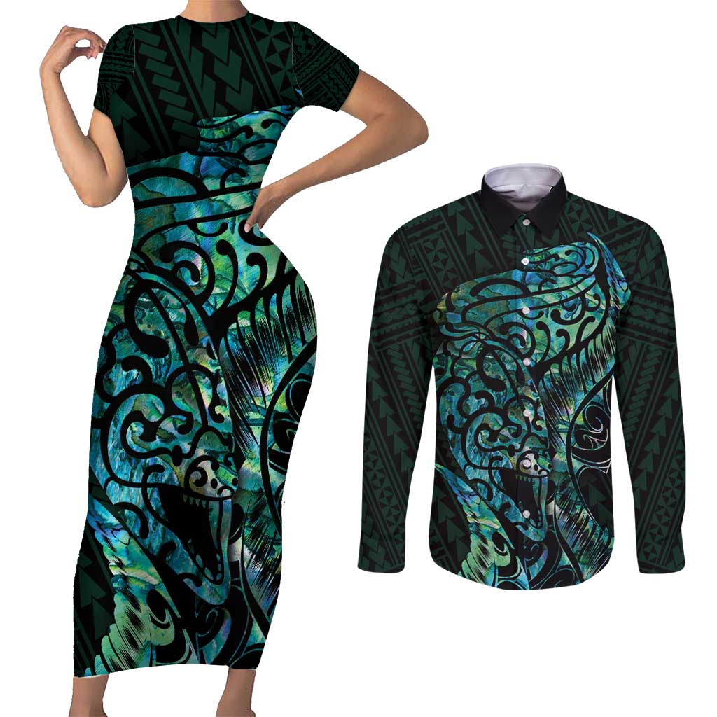 New Zealand Eel Couples Matching Short Sleeve Bodycon Dress and Long Sleeve Button Shirt Tuna Aotearoa Maori With Paua Shell - Turquoise LT14 Turquoise - Polynesian Pride