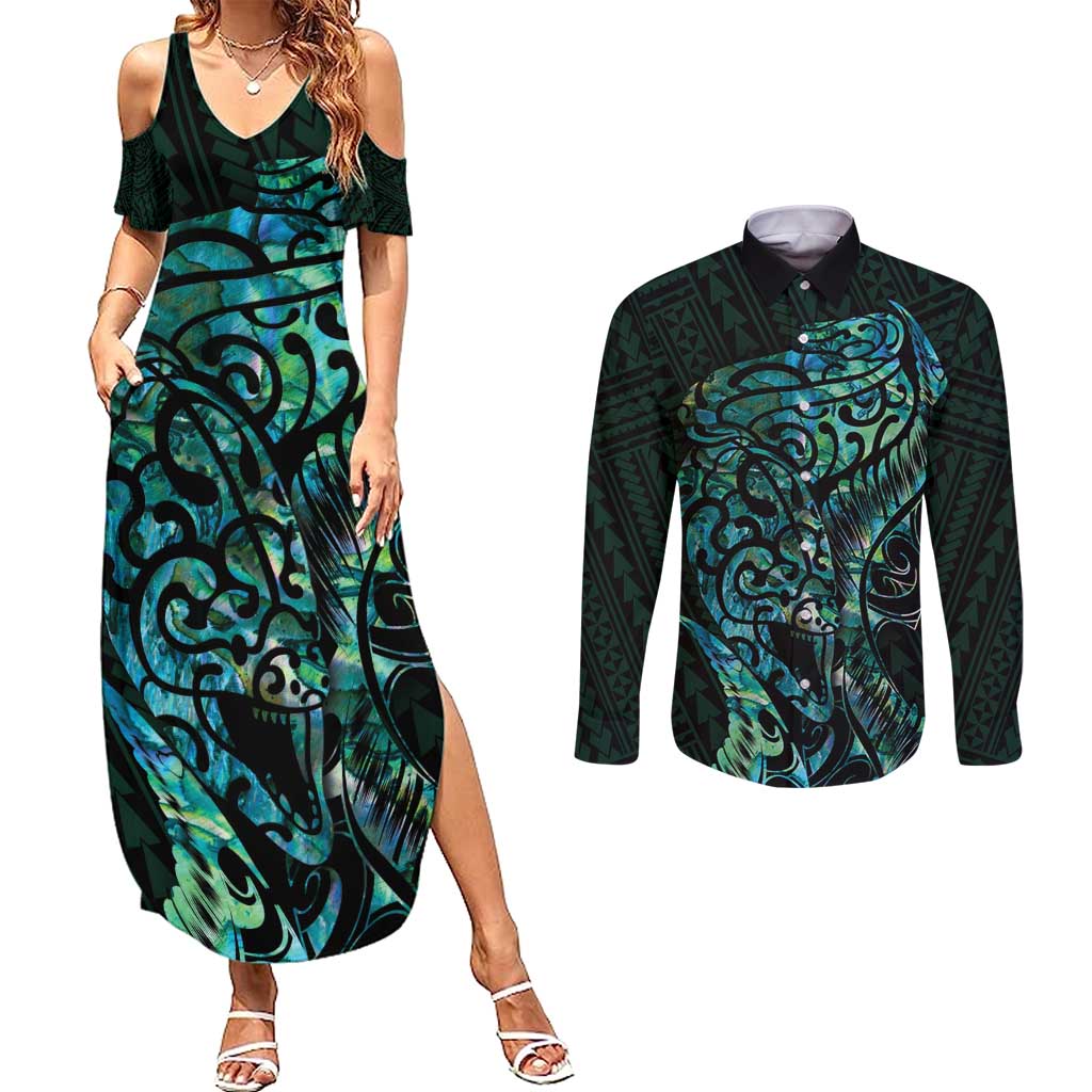 New Zealand Eel Couples Matching Summer Maxi Dress and Long Sleeve Button Shirt Tuna Aotearoa Maori With Paua Shell - Turquoise LT14 Turquoise - Polynesian Pride