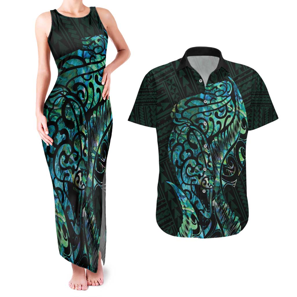 New Zealand Eel Couples Matching Tank Maxi Dress and Hawaiian Shirt Tuna Aotearoa Maori With Paua Shell - Turquoise